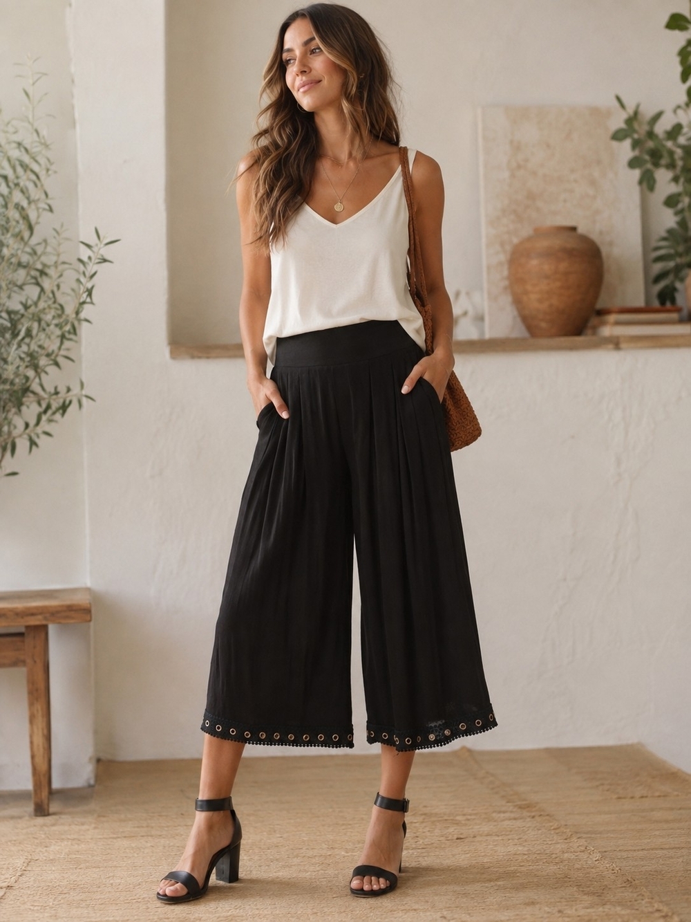 Misa Los Angeles Black Wide-Leg Culotte Pull on  Pants